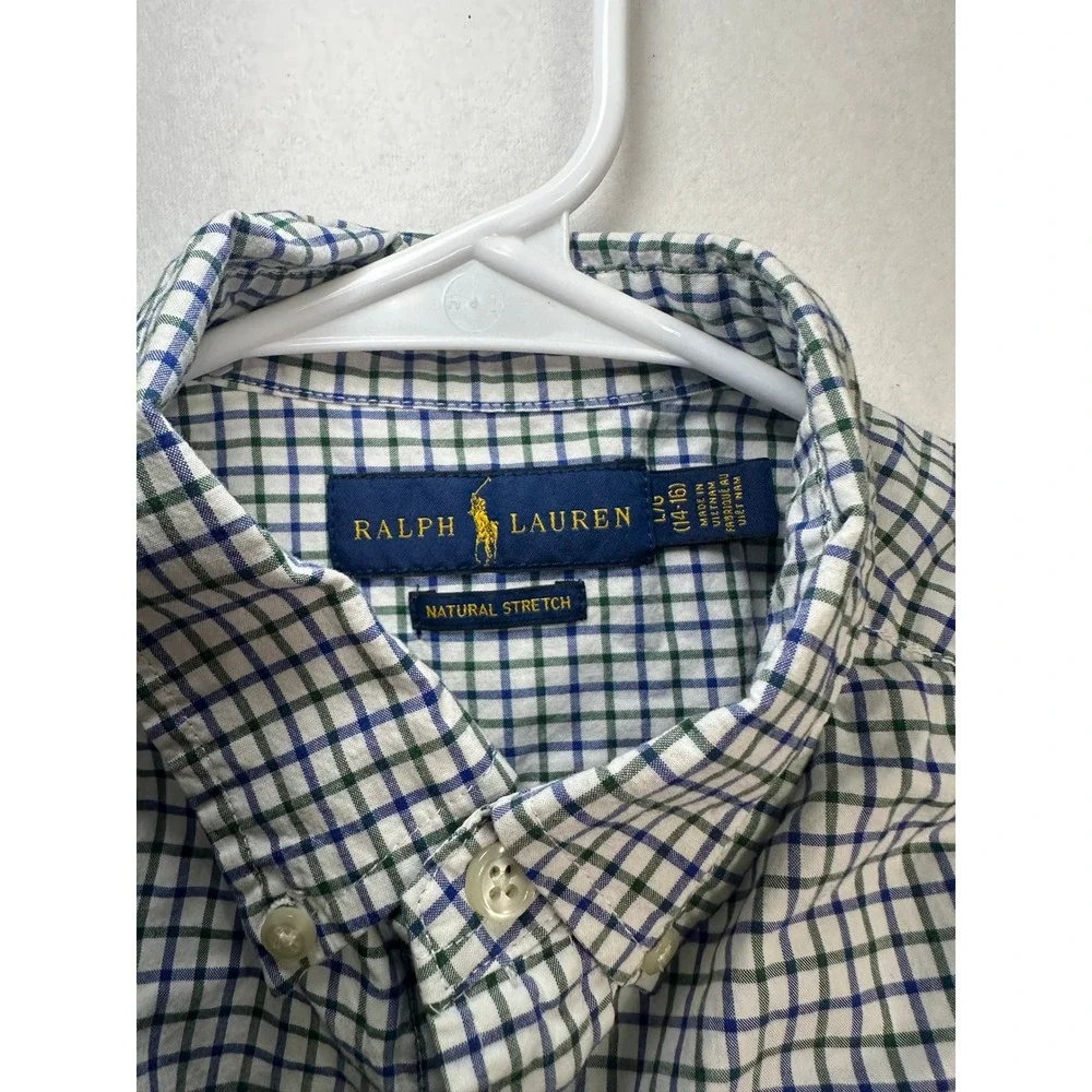 Ralph Lauren Boys Green Navy Blue Tattersall Check‎ Button Down Shirt L 14-16